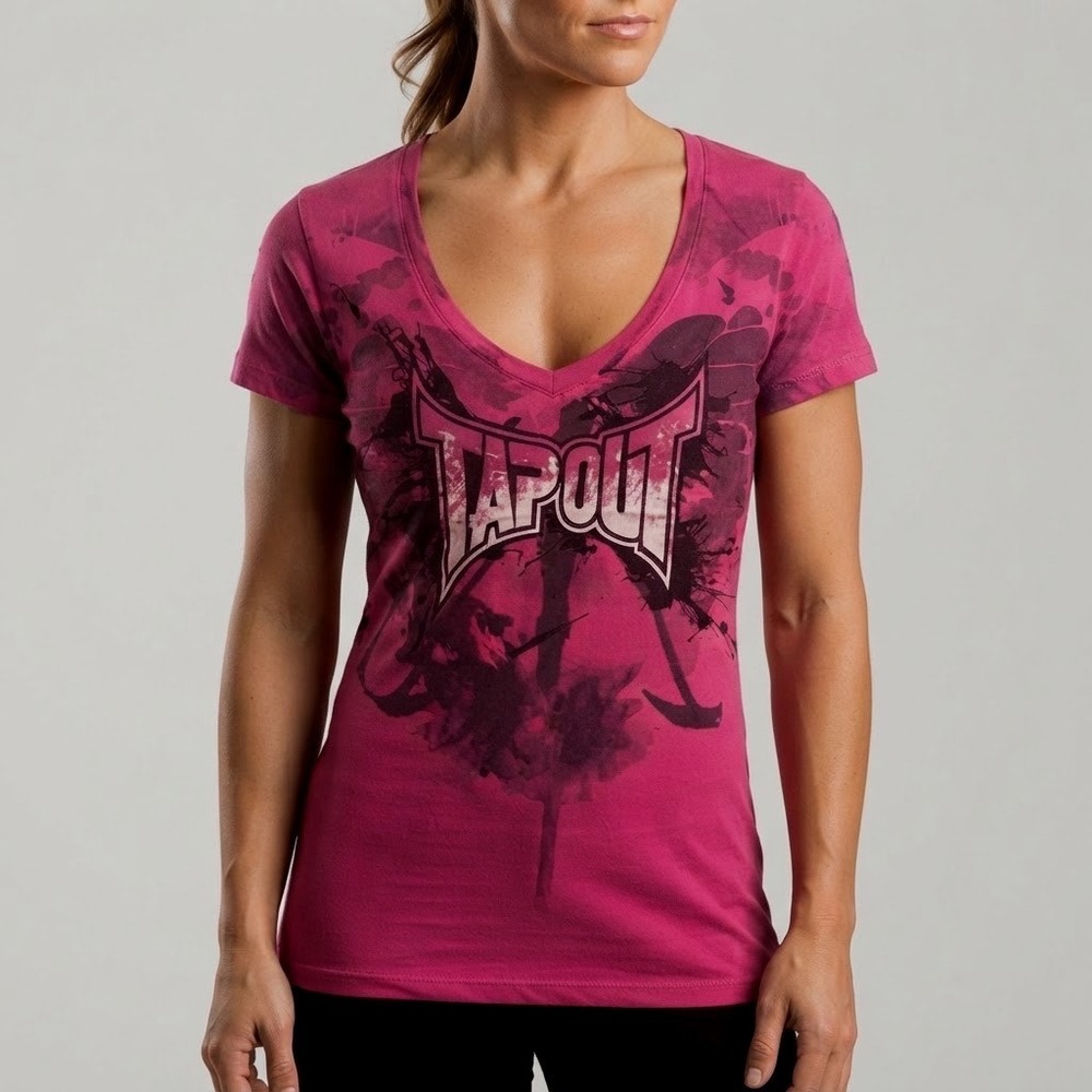 Tapout Womens Graphic V-Neck T-Shirt Pink MMA Splatter Size L Y2K